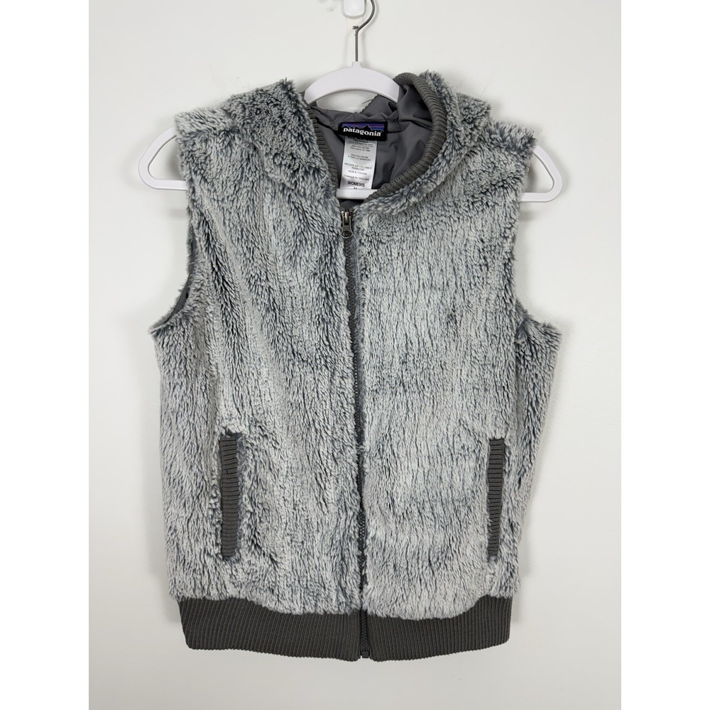 Patagonia Conejo Icy Grey High Pile Shaggy Fuzzy Fleece Full Zip Hooded Vest M